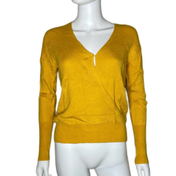 Elodie Women's Mustard Yellow Ribbed Knit Surplice Neck Long Sleeve Pullover Top - Picture 2 of 4